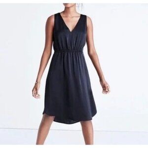 Madewell Satin V Neck Mini Dress 8 Black Classic Minimalist Work Date Night EUC